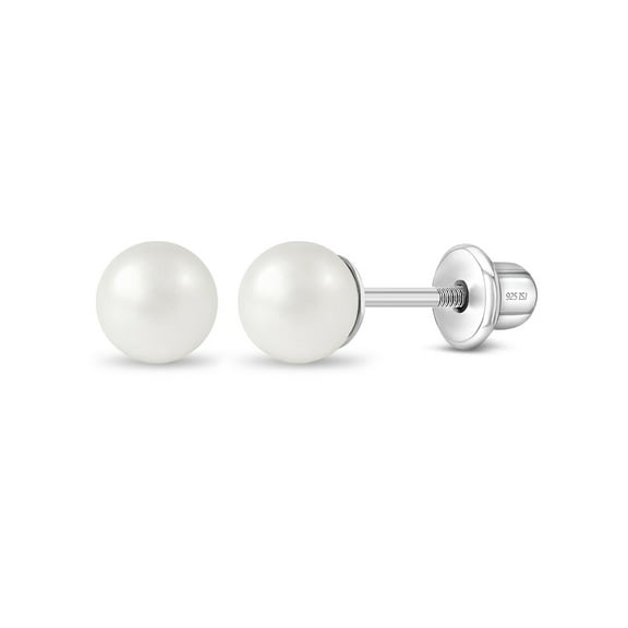 925 Sterling Silver Classic 5mm White Simulated Pearl Toddler Earrings Baby