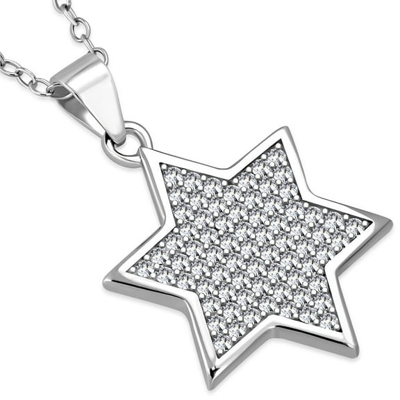 925 Sterling Silver Classic Star of David White Clear CZ Pendant Necklace, 18"