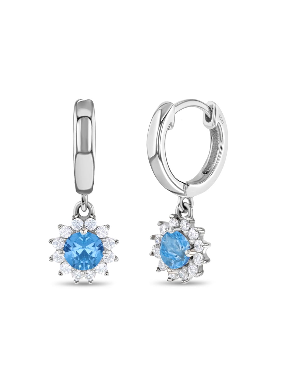925 Sterling Silver Clear Blue CZ Flower Dangle Hoop Earrings for Girls & Teens