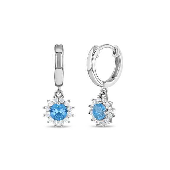 925 Sterling Silver Clear Blue CZ Flower Dangle Hoop Earrings for Girls & Teens