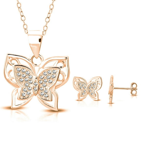 925 Sterling Silver Clear CZ Butterfly Pendant Necklace Stud Earrings Set, 18"