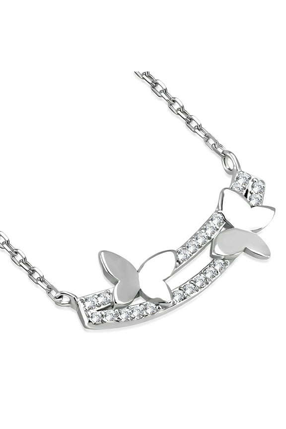 925 Sterling Silver Clear CZ Double Butterfly Bar Pendant Necklace, 18"