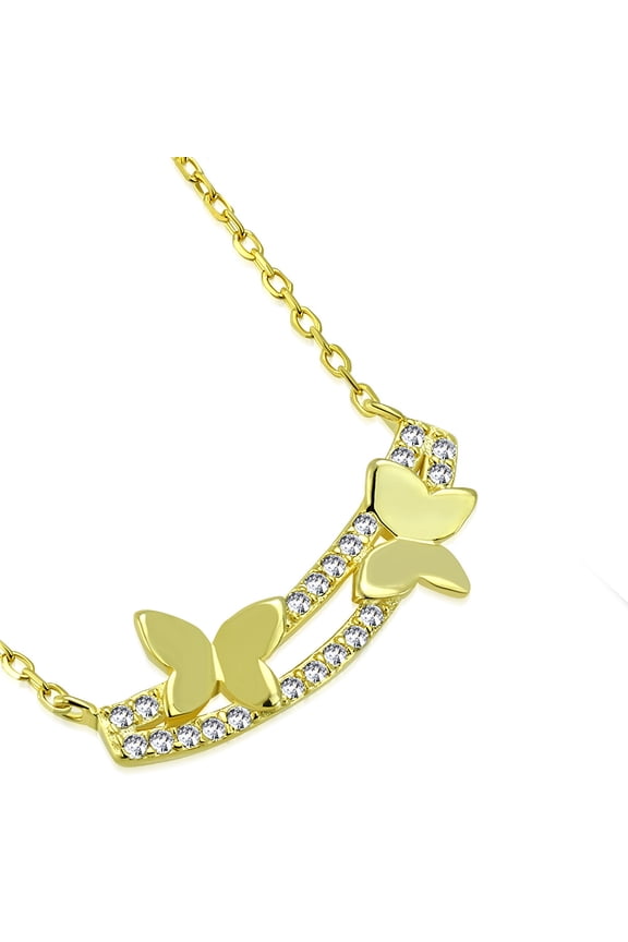 925 Sterling Silver Clear CZ Double Butterfly Bar Pendant Necklace, 18"