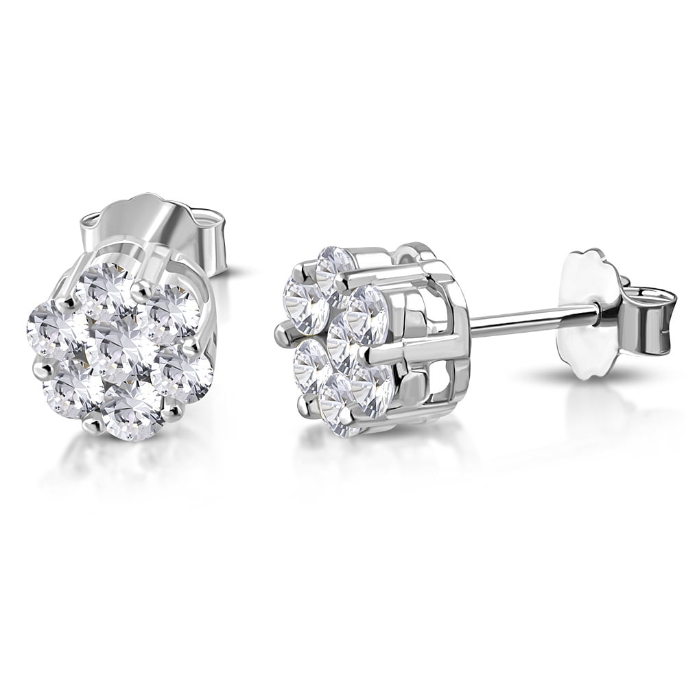 925 Sterling Silver Clear CZ Flower Floral Small Stud Earrings