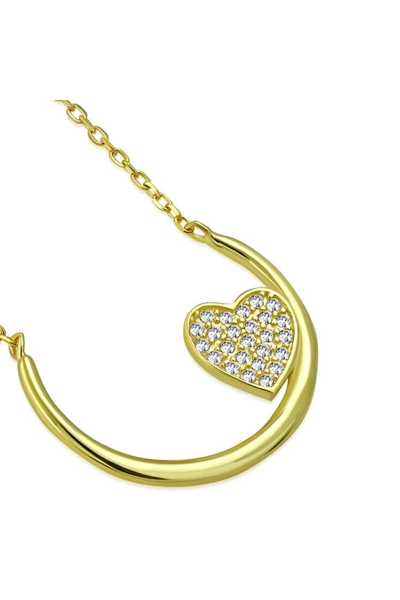 925 Sterling Silver Clear CZ Half Circle Love Heart Pendant Necklace, 18"