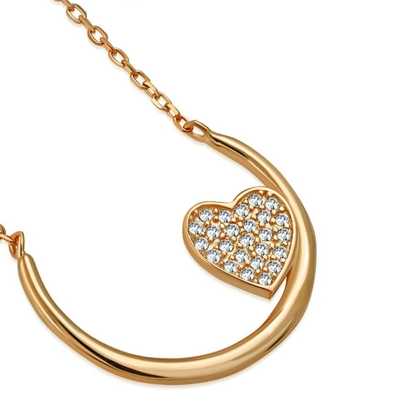 925 Sterling Silver Clear CZ Half Circle Love Heart Pendant Necklace, 18"