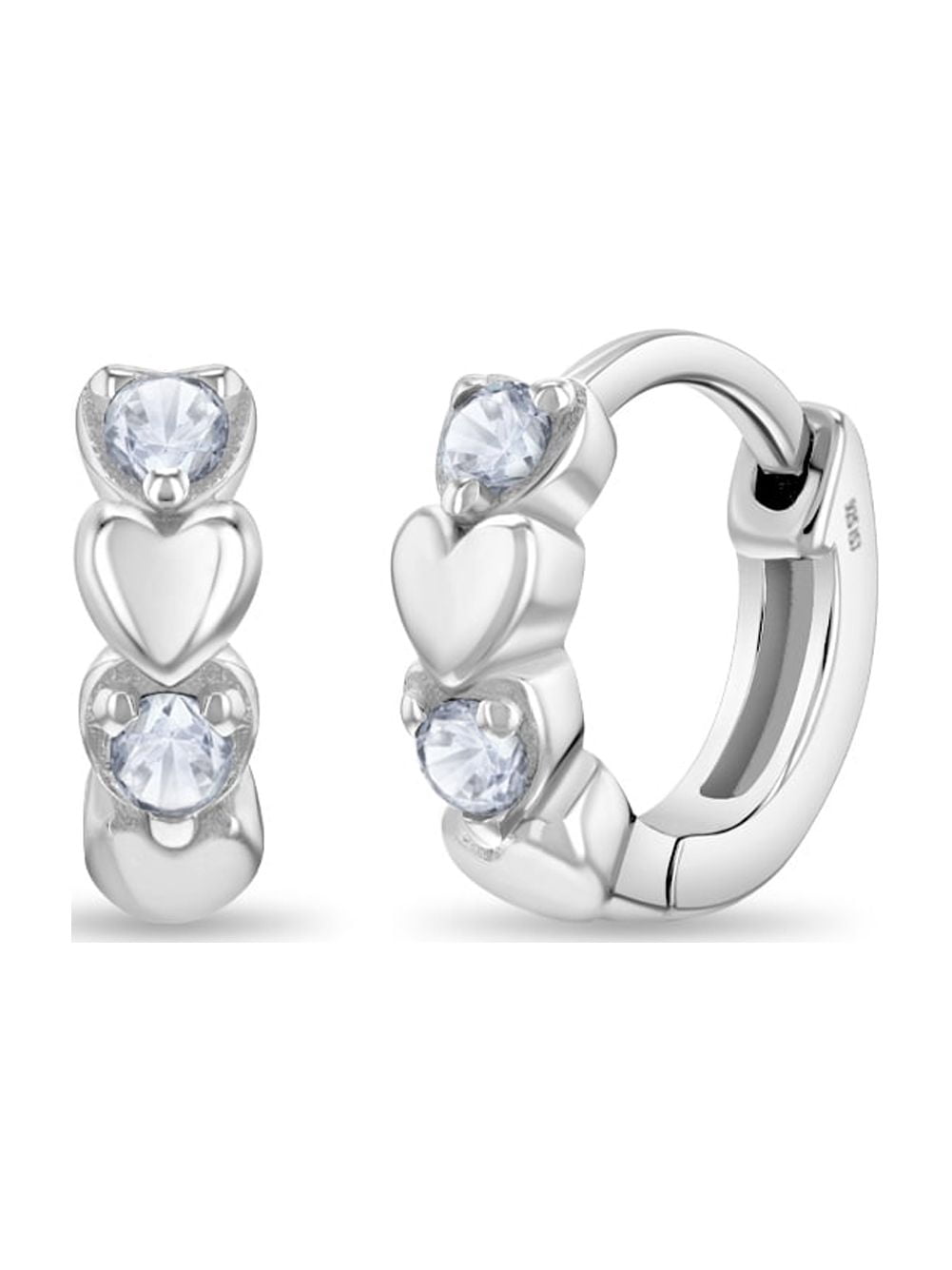 925 Sterling Silver Clear CZ Heart Huggie Hoop Earrings for Little Girls 10mm