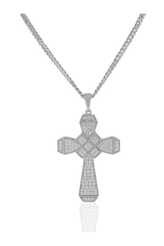 925 Sterling Silver Clear CZ Large Hip-Hop Statement Cross Pendant Necklace, 30"