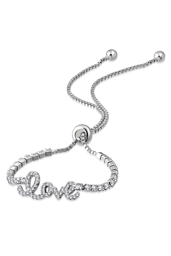 925 Sterling Silver Clear CZ Love Heart Adjustable Chain Bracelet