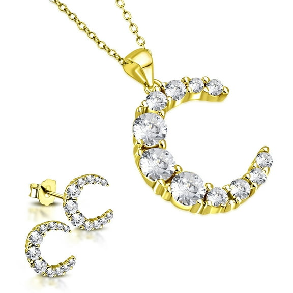 925 Sterling Silver Clear CZ Moon Crescent Pendant Necklace Stud Earrings Set, 18"