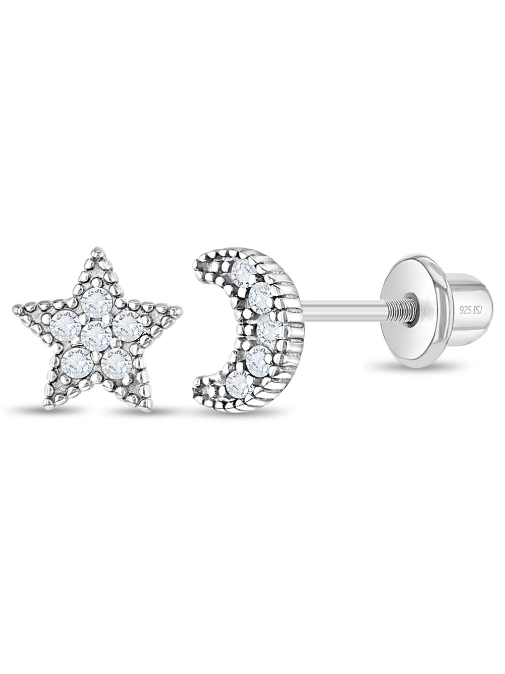 925 Sterling Silver Clear CZ Moon & Star Screw Back Earrings For Girls and Teens