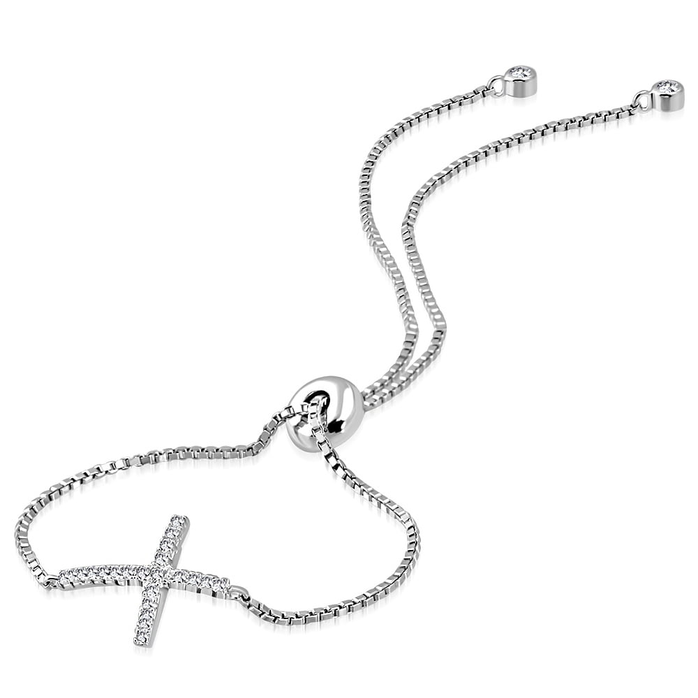 925 Sterling Silver Clear CZ Religious Cross Adjustable Chain