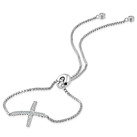 925 Sterling Silver Clear CZ Religious Cross Adjustable Chain Bracelet, 9"