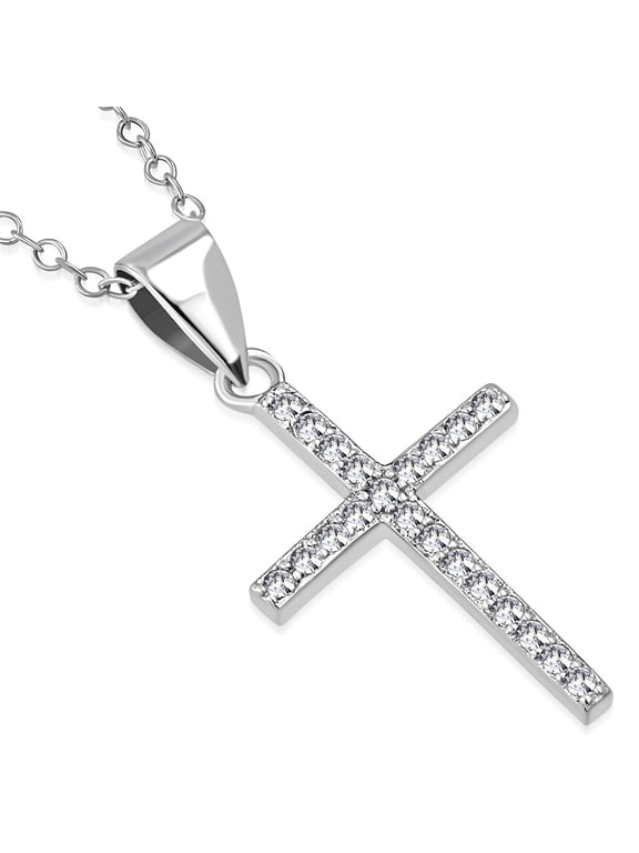 925 Sterling Silver Clear CZ Religious Cross Pendant Necklace, 18"