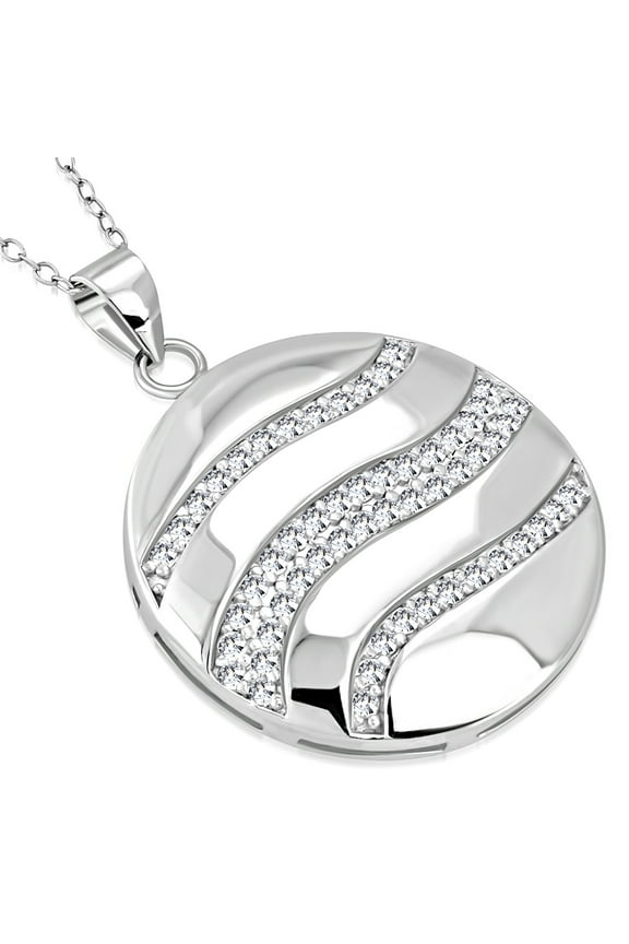 925 Sterling Silver Clear CZ Round Ornament Large Statement Pendant Necklace, 18"