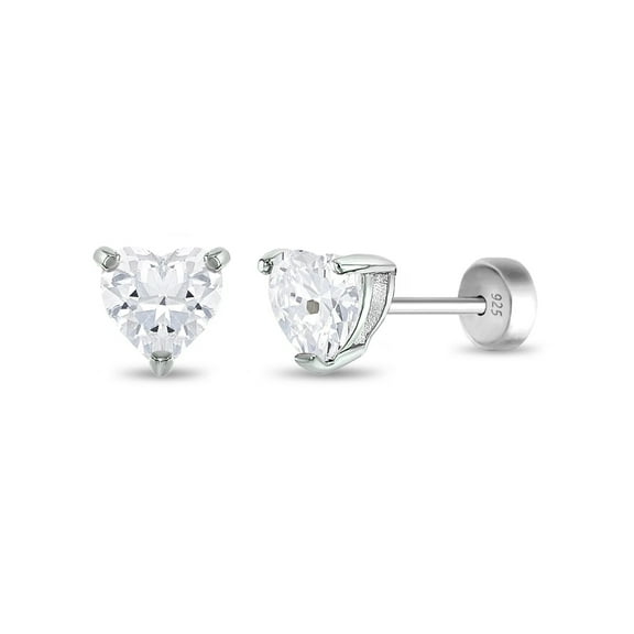 925 Sterling Silver Clear CZ Safety Back Solitaire Heart Girl Earrings