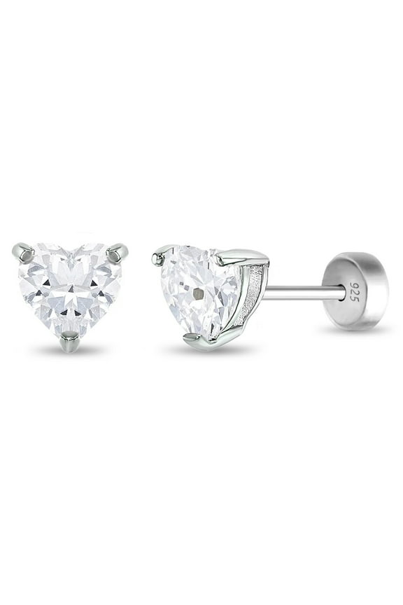 925 Sterling Silver Clear CZ Safety Back Solitaire Heart Girl Earrings