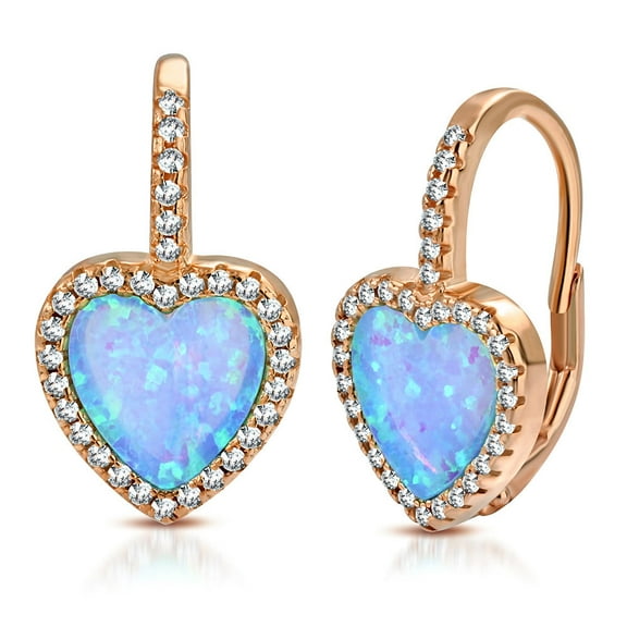 925 Sterling Silver Clear CZ Simulated Blue Opal Love Heart Hoop Dangle Earrings, 0.75"