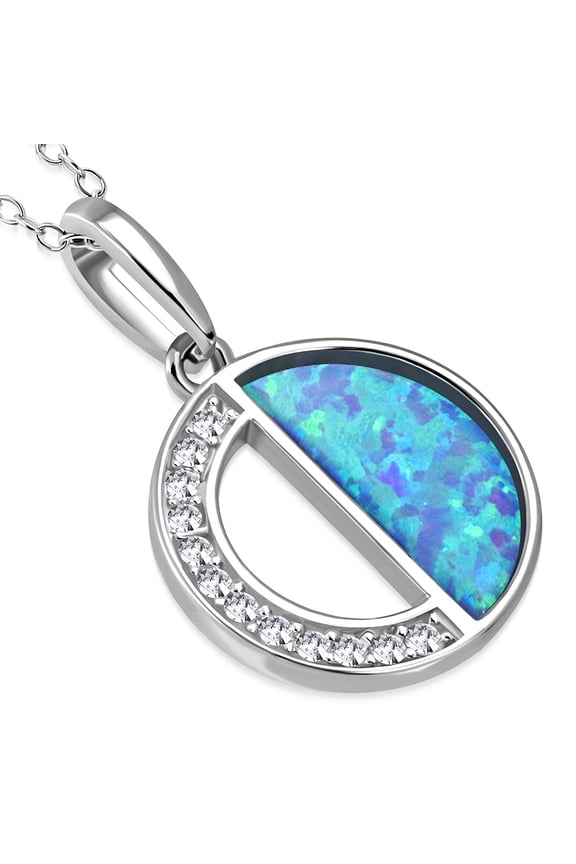 925 Sterling Silver Clear CZ Simulated Blue Opal Pendant Necklace Stud Earrings Set, 18"