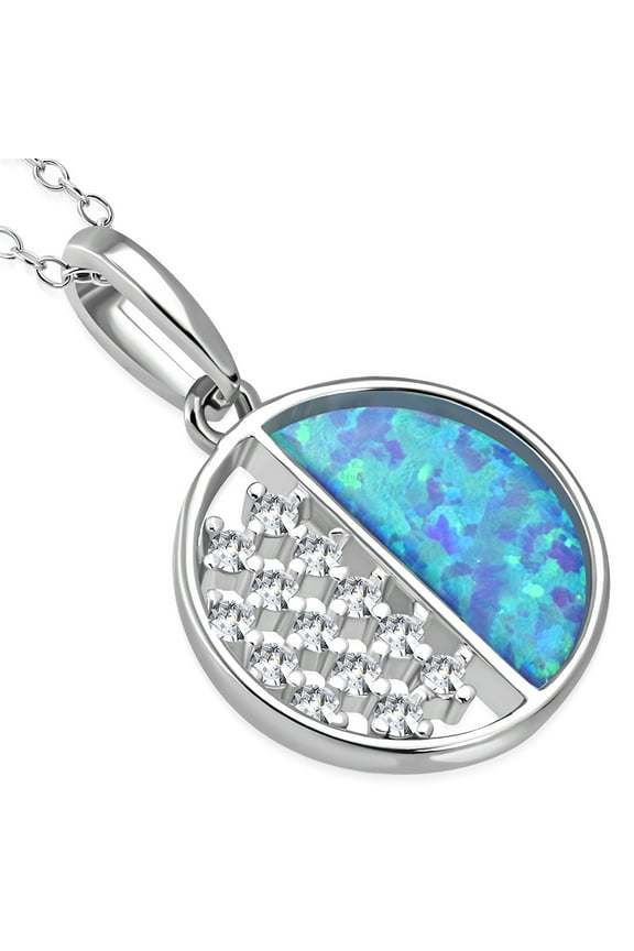 925 Sterling Silver Clear CZ Simulated Blue Opal Pendant Necklace Stud Earrings Set