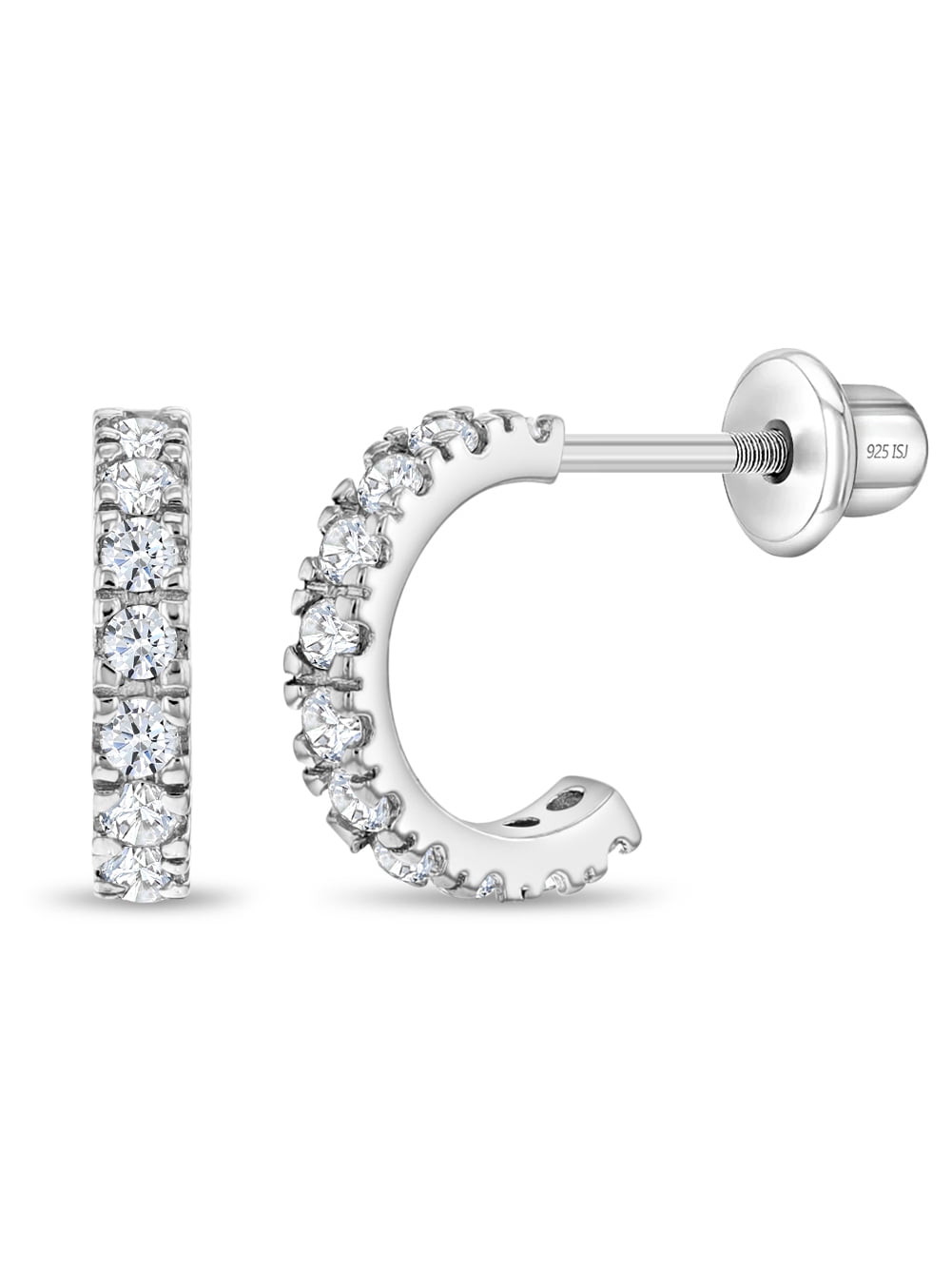 925 Sterling Silver Clear CZ Small Half Hoop Screw Back Cute Earrings for Teen