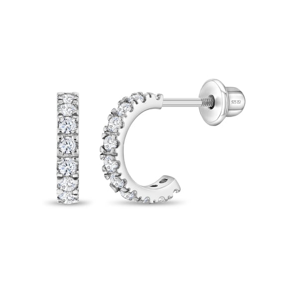925 Sterling Silver Clear CZ Small Half Hoop Screw Back Cute Earrings for Teen