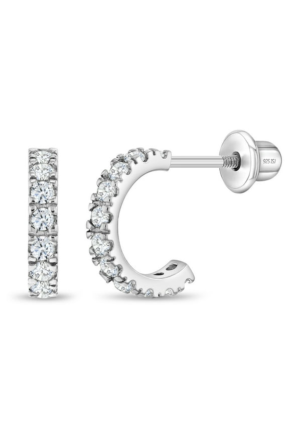 925 Sterling Silver Clear CZ Small Half Hoop Screw Back Cute Earrings for Teen