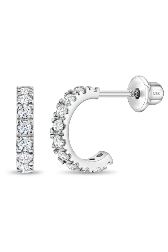 925 Sterling Silver Clear CZ Small Half Hoop Screw Back Cute Earrings for Teen