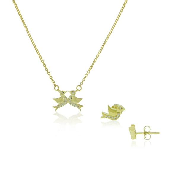 925 Sterling Silver Clear CZ Small Love Birds Lovebirds Pendant Stud Earrings Jewelry Set, 18"