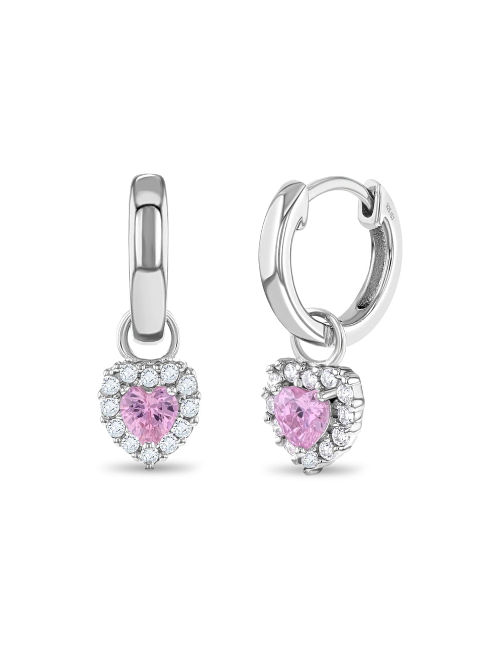 925 Sterling Silver Clear & Pink CZ Heart Dangle Hoop Earrings for Little Girls