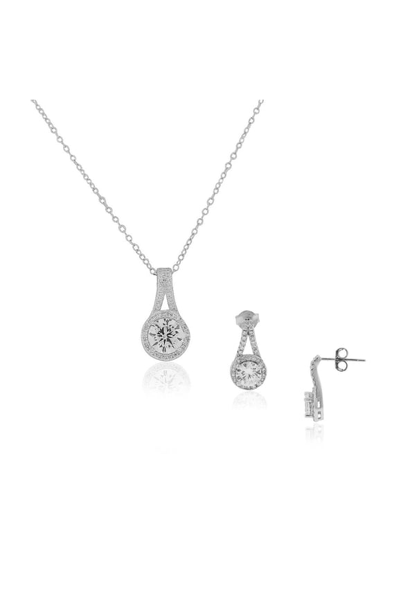 925 Sterling Silver Clear White CZ Classic Bridal Pendant Necklace Stud Drop Earrings Set, 18"