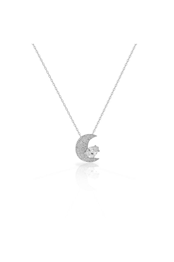 925 Sterling Silver Clear White Pear-Shaped CZ Crescent Half-Moon Pendant Necklace