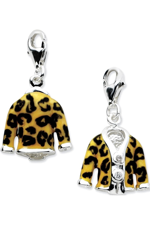 925 Sterling Silver Click-on CZ Enamel Leopard Jacket (16x35mm) Pendant / Charm