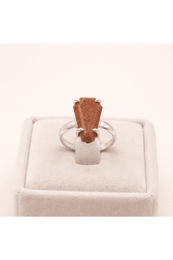 925 Sterling Silver Coffin Ring Brown Goldstone Ring, Prong Set Gemstone Ring, Gothic Statement Ring, Handmade Jewelry