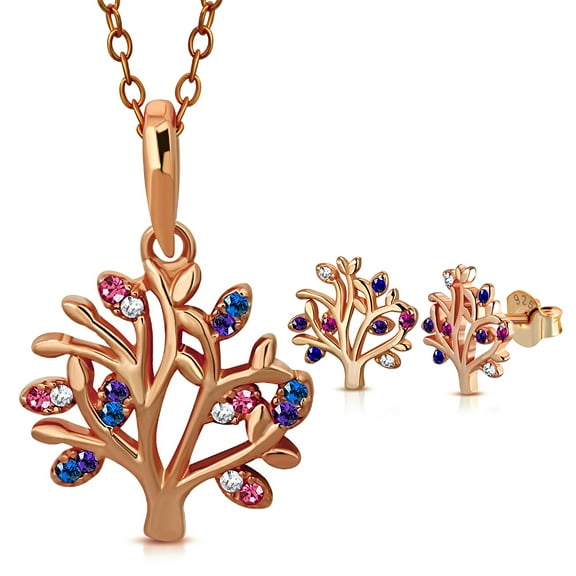 925 Sterling Silver Colorful Tree of Life Pendant Earrings Set
