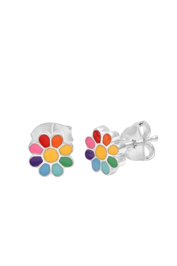 925 Sterling Silver Colourful Rainbow Flower Stud Earrings For Women Jewelry