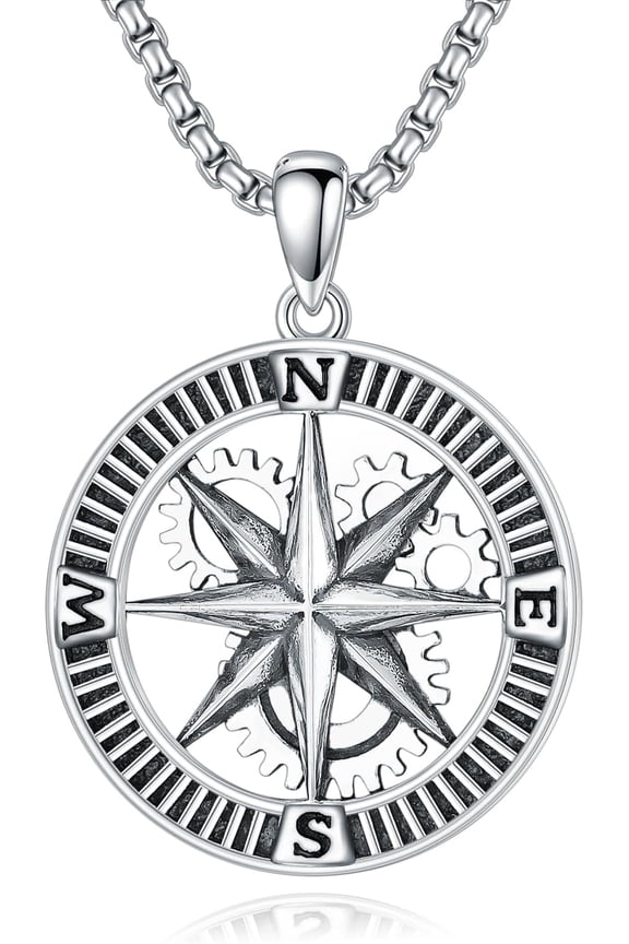 925 Sterling Silver Compass Necklace for Men, w/Stainless Steel Chain 22+2 Inch