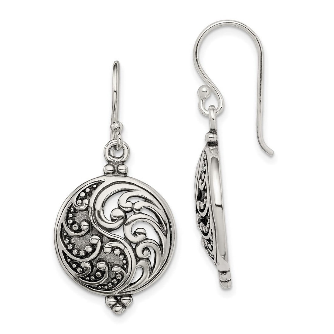 JEWELRYWEB 925 Sterling Silver Concave Polished Shepherd hook Artisan Oxidized Antique Filigree Ying and Yang Earrings 35x12mm Wide