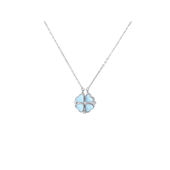 925 Sterling Silver Convertible Clover Petal Necklace, Square Turquoise Pendant Necklace with Foldable Four-Heart, Vintage Hypoallergenic Artistic Jewelry Gifts for Women