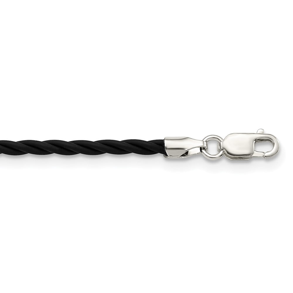 925 Sterling Silver Cord & Leather Chain Necklace 16 inch 2 mm Black Twisted Rubber