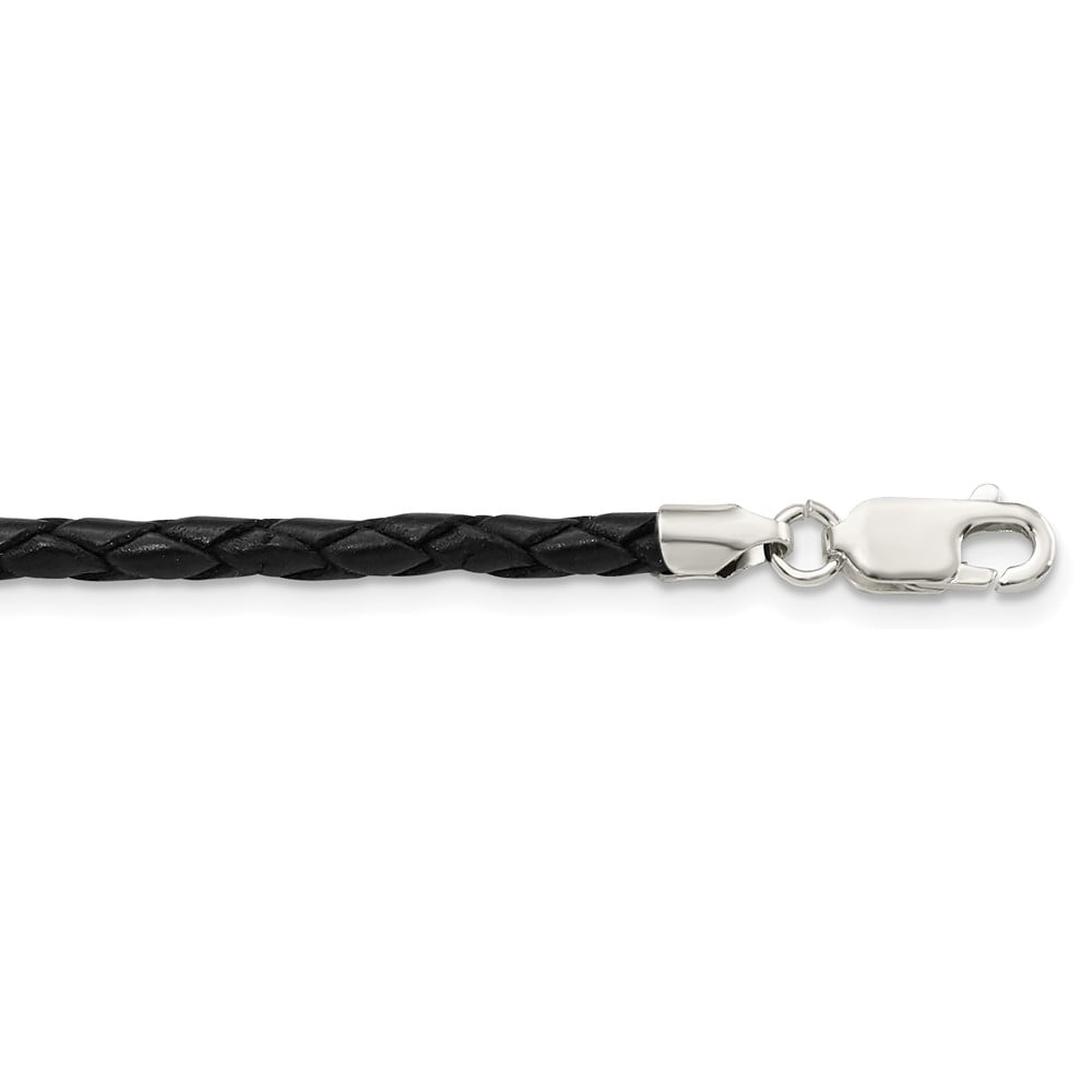 925 Sterling Silver Cord & Leather Chain Necklace 16 inch 3 mm Black Braided