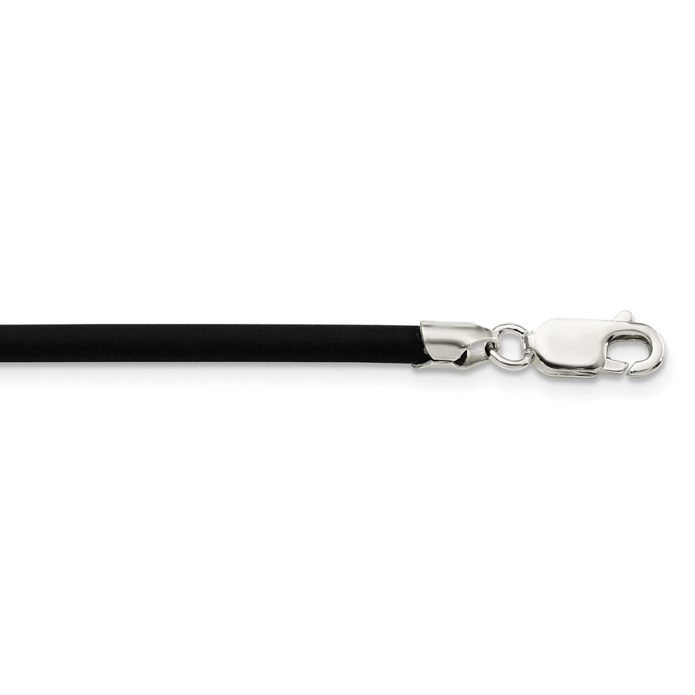925 Sterling Silver Cord & Leather Chain Necklace 16 inch 3 mm Black Rubber