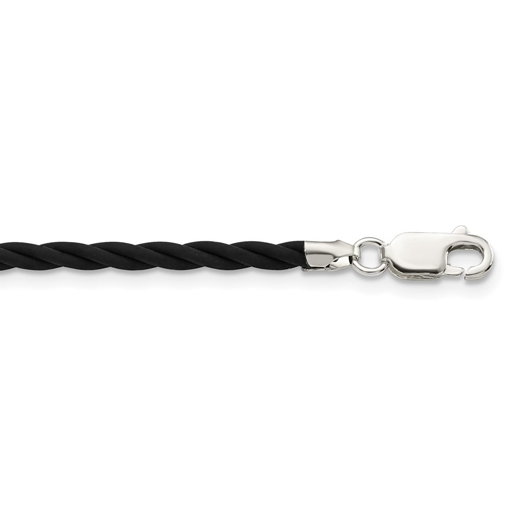 925 Sterling Silver Cord & Leather Chain Necklace 16 inch 3 mm Black Twisted Rubber 2