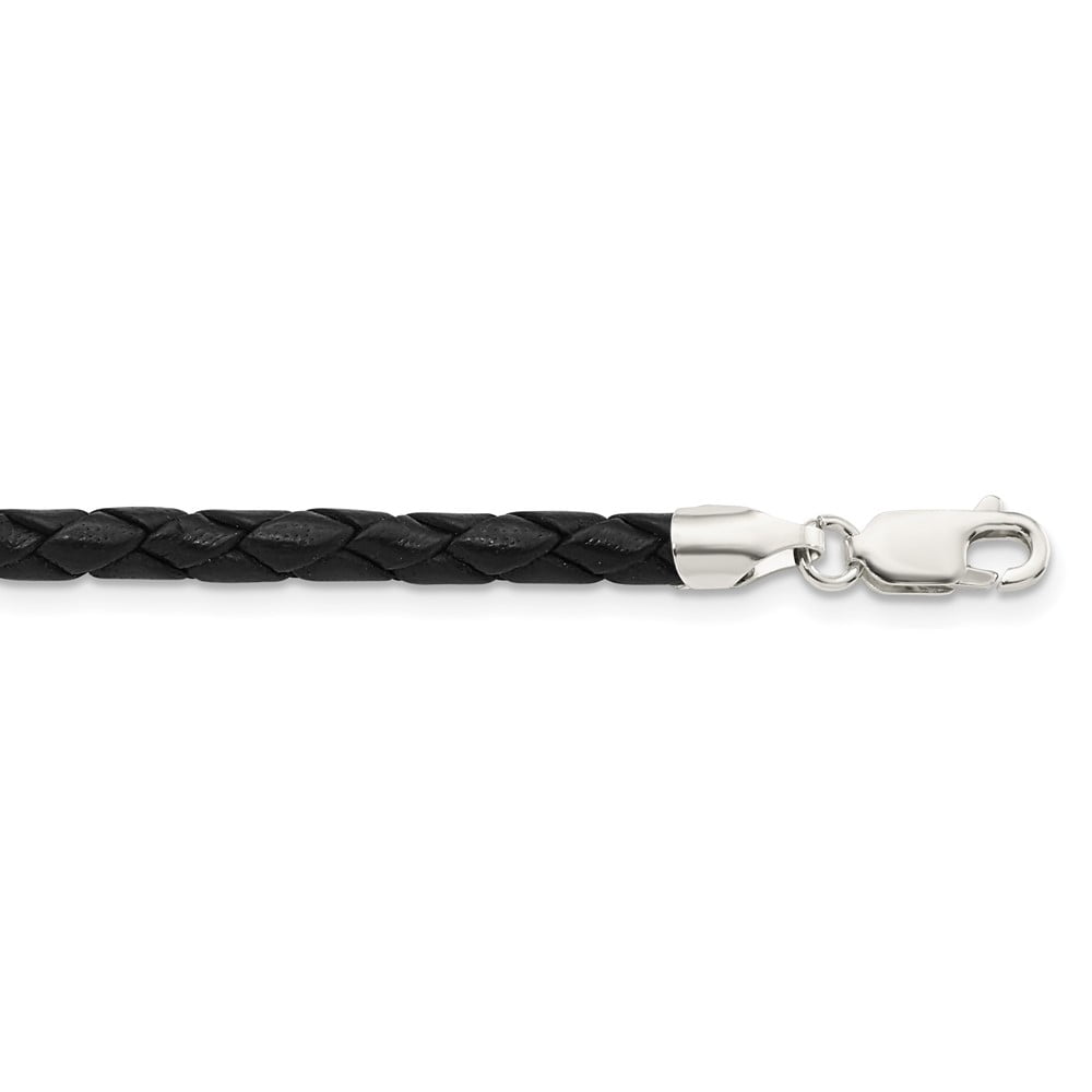 925 Sterling Silver Cord & Leather Chain Necklace 16 inch 4 mm Black Braided
