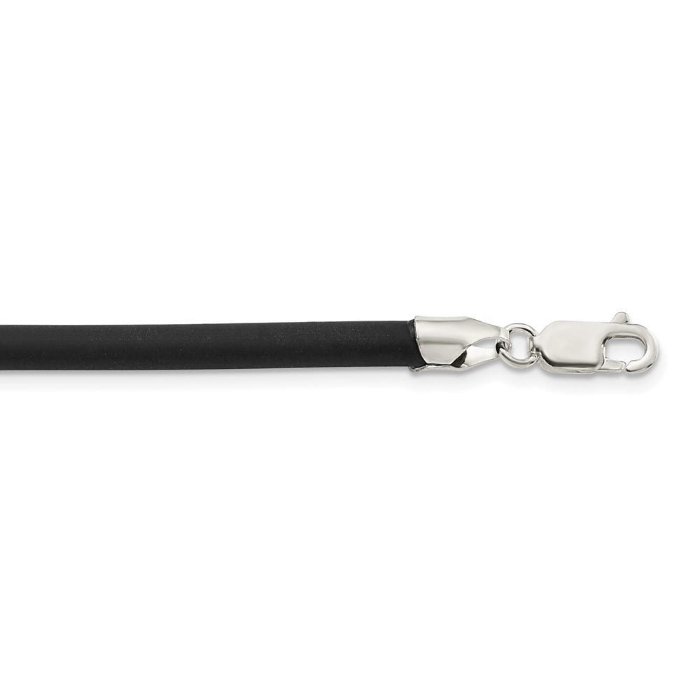925 Sterling Silver Cord & Leather Chain Necklace 16 inch 4 mm Black Rubber