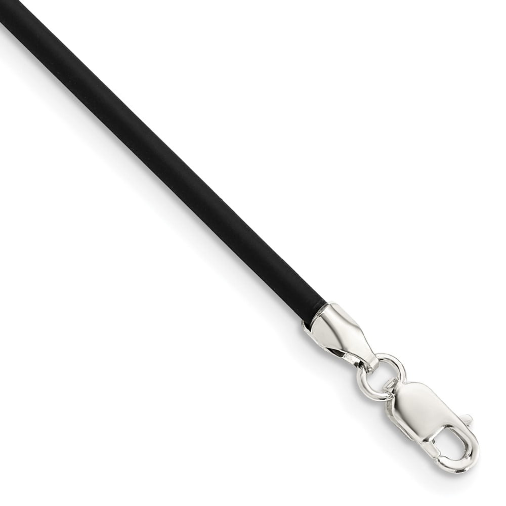 925 Sterling Silver Cord & Leather Chain Necklace 18 inch 2 mm Black Rubber