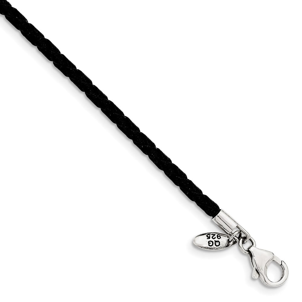 925 Sterling Silver Cord & Leather Chain Necklace Reflections Black Bead 18 inch mm