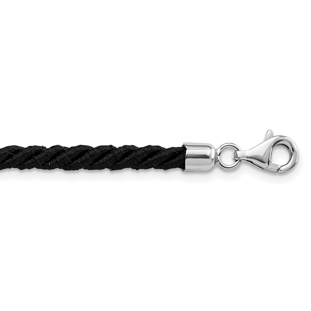 925 Sterling Silver Cord & Leather Chain Necklace Rhodium-plated 16 inch Black Satin 4 mm