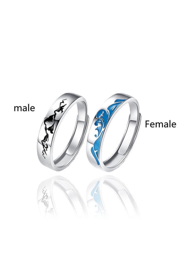 925 Sterling Silver Couple Rings, Wave Style Epoxy Treatment, His and Hers Matching Promise Rings for Couples