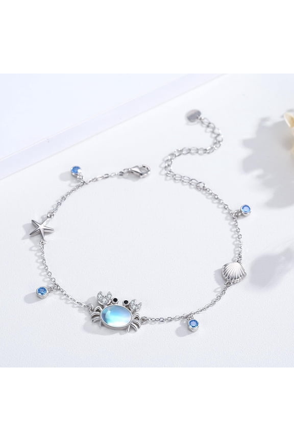 925 Sterling Silver Crab Bracelet Adjustable Moonstone Charm Summer Ocean Sea Crab Jewelry Gifts for Women Birthday Mother's Day